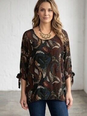 Bella Amore Made in Italy Silk Blend Paisley Floral Tie Sleeve Top S